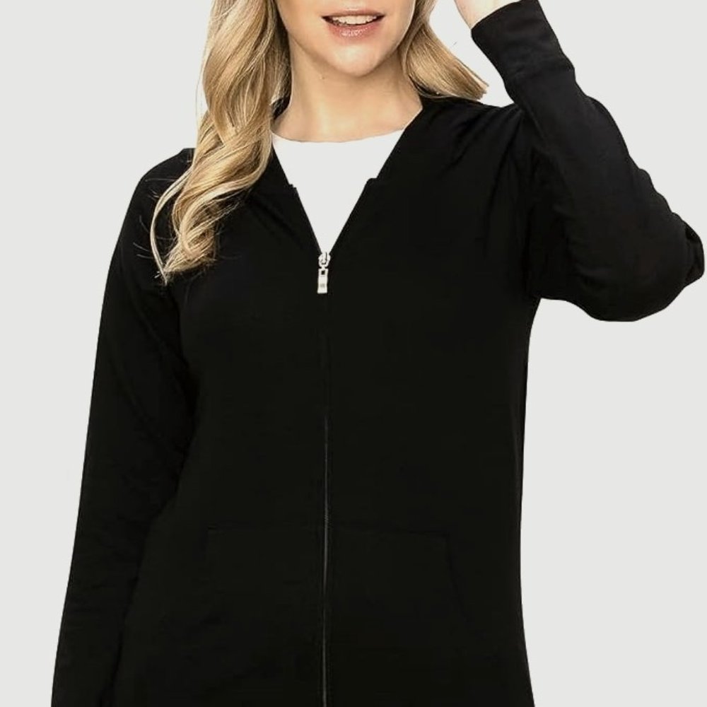 LUVAGE Women's Lightweight Sim-Fit Cotton Long Sleeve Zip-Up Hoodie Jacket Black